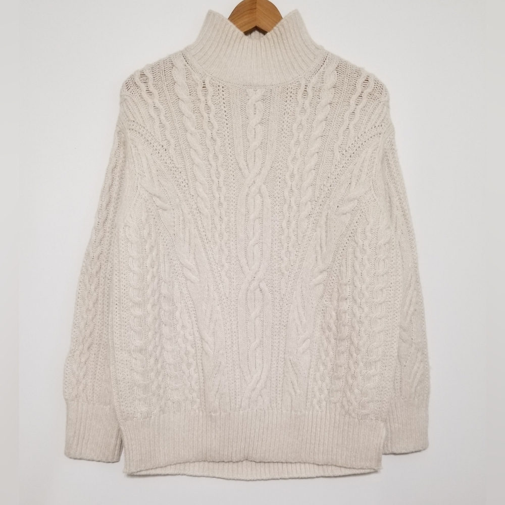 NWOT Vince Cable Knit Wool Cashmere Blend Mockneck Sweater in Cream Size M $465